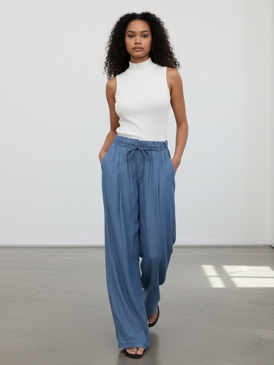 Pants - 1515 • Blue Chambray Lyocell Soft Belted Stretch Waist Wide Leg Pocket Pants